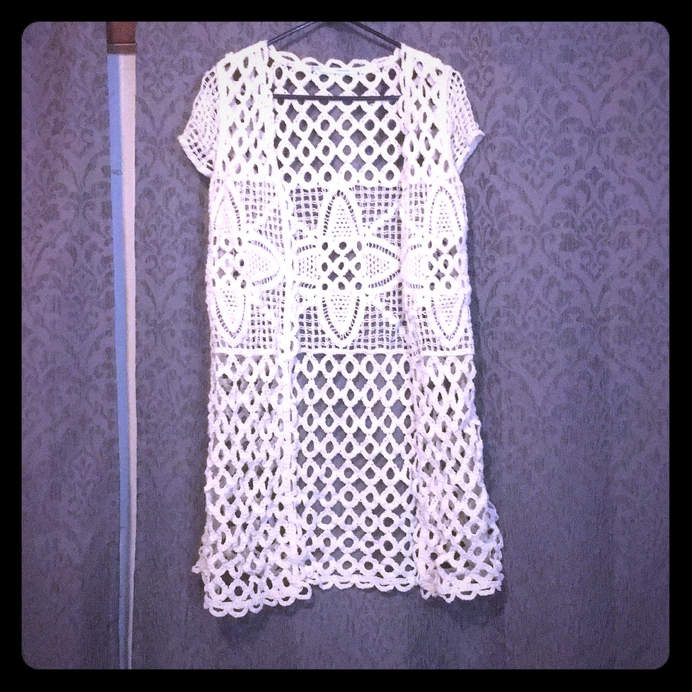 White mesh knee length cardigan